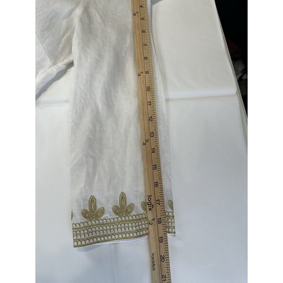 Chelsea & Theodore Size Large Tunic 100% Linen White & Gold Embroidered Casual - Picture 11 of 12